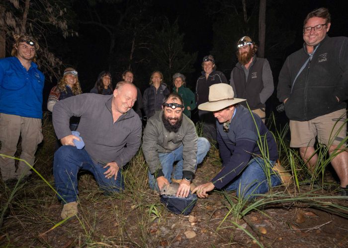 The Northern Bettong team surrounding Josh McAllister, AWC Sanctuary Manager, as he prepares to release one of Mount Zero-Taravale's newest residents.